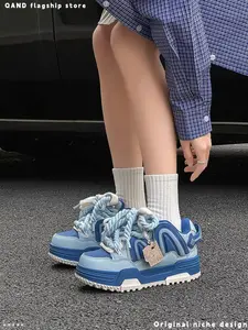Women's New Casual Sport Shoes, Original Unique Blue Thick Sole Sneakers, Versatile Comfortable Canvas Footwear for Daily Wear
