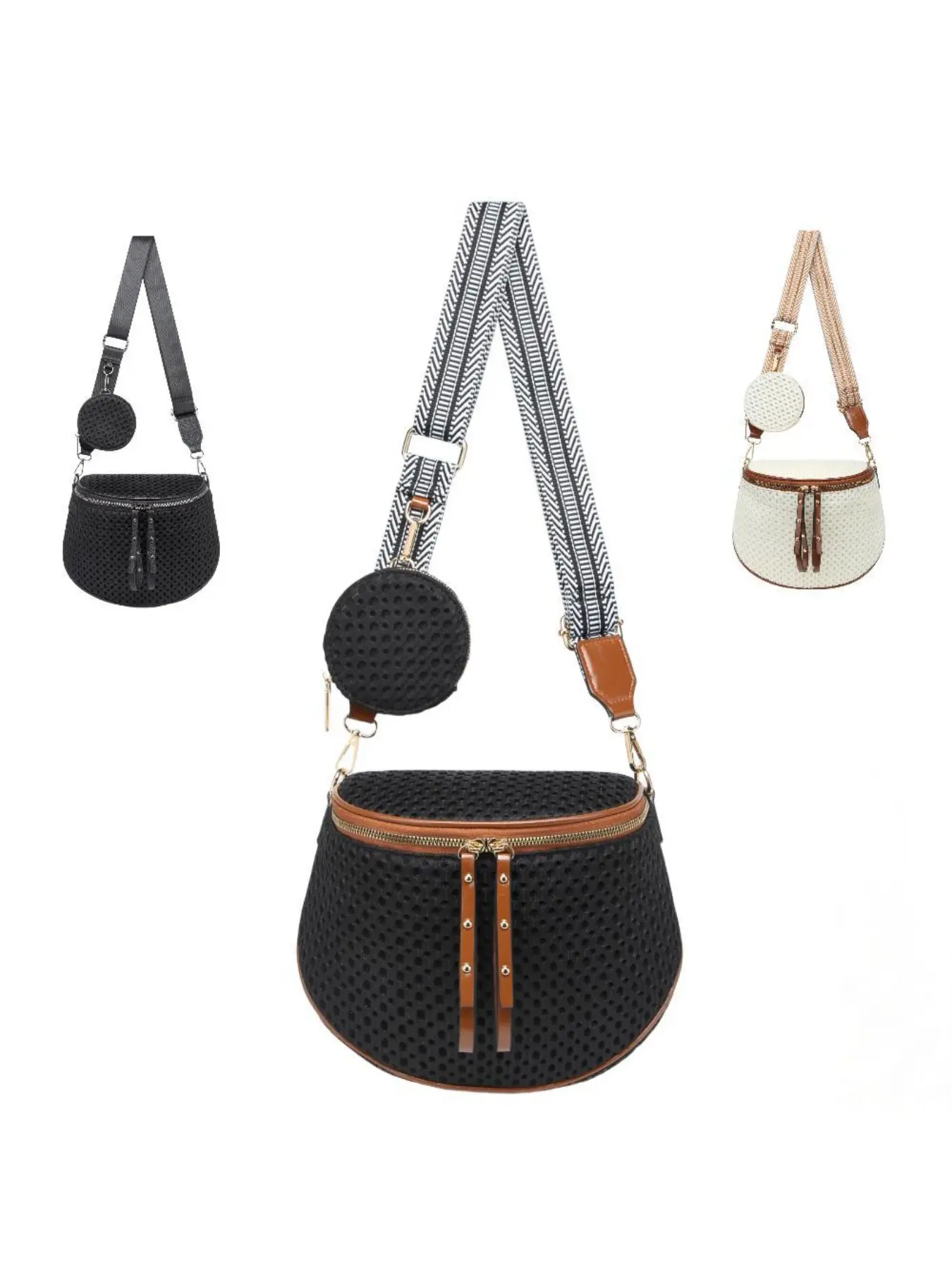 Ladies' fashionable and simple saddle bag with mesh surface, casual and comes with a coin purse, versatile messenger bag