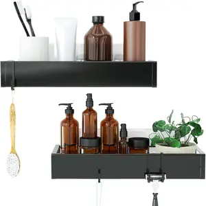Caddy, Adhesive Shower Organizer with Hooks, Shower Shelves for Inside Shower, No Drilling Shower Rack Holder, Shower Storage for Bathroom, Kitchen Spice Rack-2 Pack Black