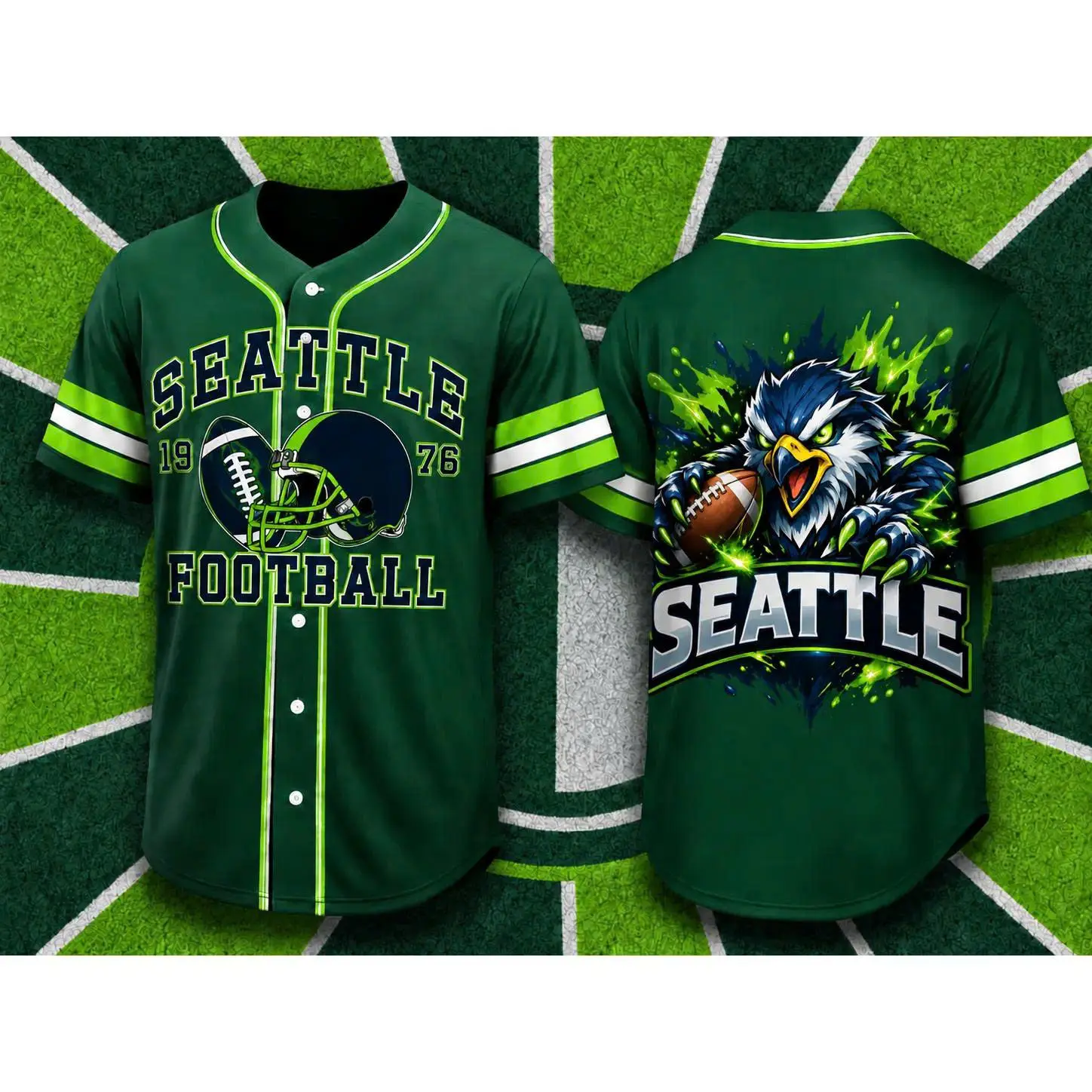 Seattle Football Fan Baseball Jersey, Green Graphic Button Up Shirt, Game Day Sports Top, Unisex Fan Apparel Gift
