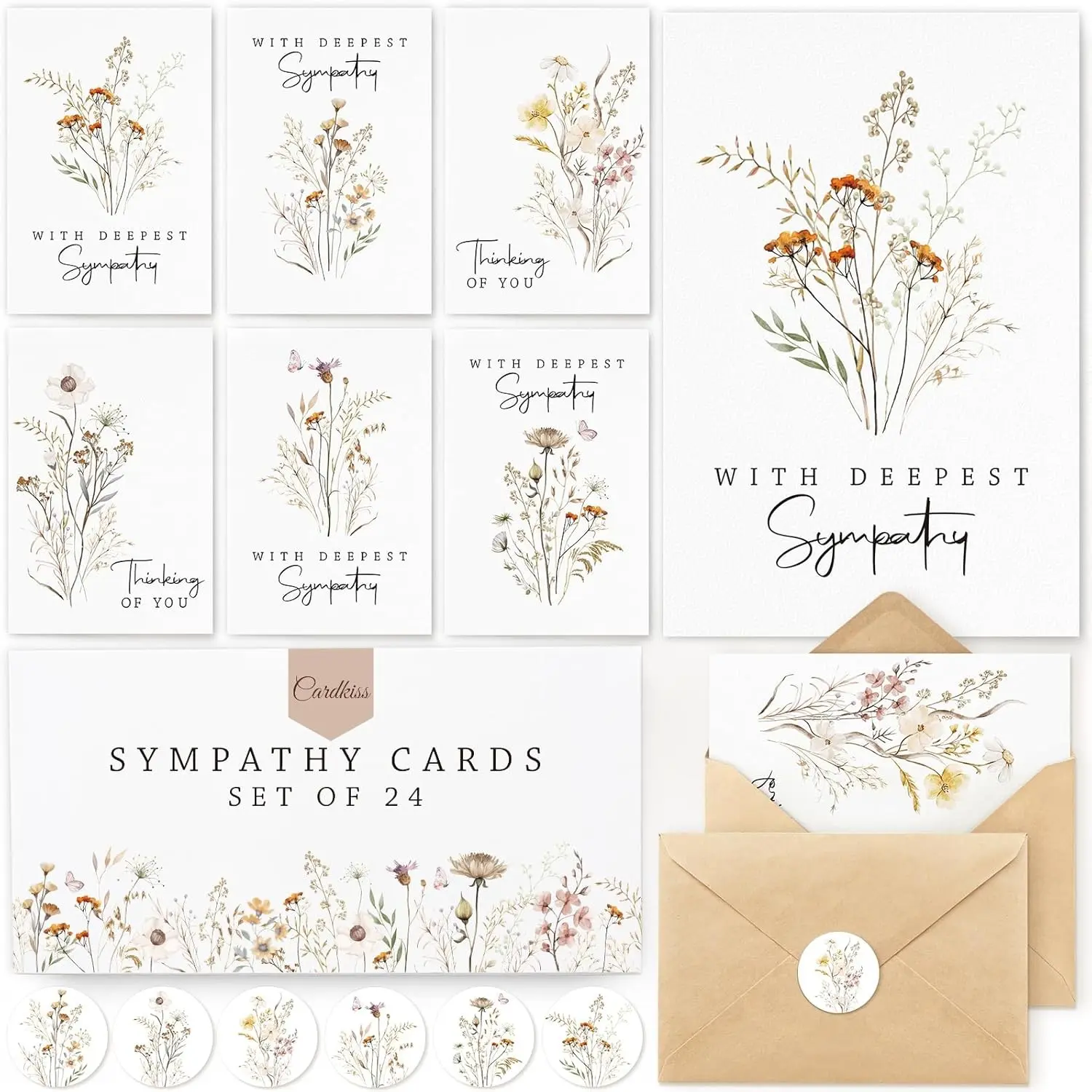 24 Pcs Bulk Sympathy Cards with Envelopes, 6 Watercolor-style Designs Condolence Cards with Thoughtful Messages Inside, Quality Materials for Elegant Poetic Ambiance