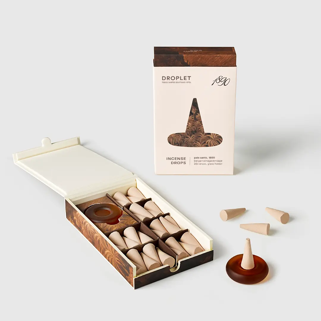 Palo Santo Incense Cones. 26 Hand-Rolled Incense Droplets + Sea Glass Holder, Palo Santo, Bergamot, Agave & Sage, Limited Edition Low Smoke Home Fragrance