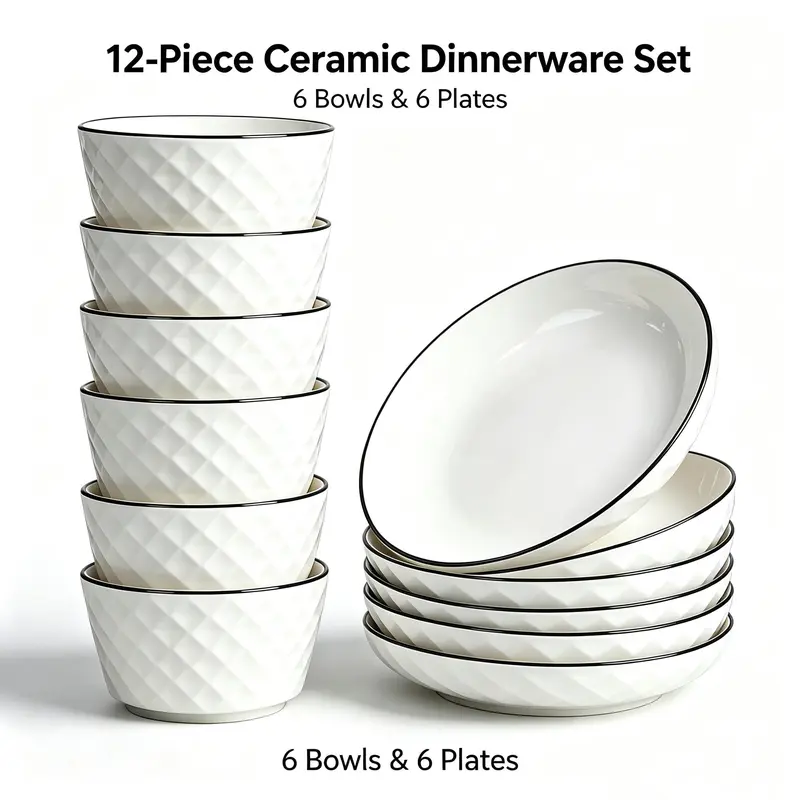 12pcs 8-inch diamond patterned white dining plate