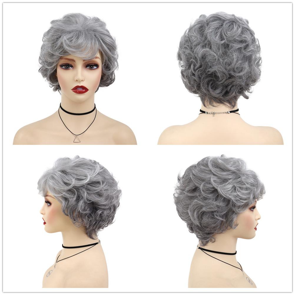 GNIMEGIL - Elegant Short Grey Curly Wig with Bangs - Natural Looking Synthetic Hair for Women - High-Temperature Fiber - Loose Curly Style - Perfect for or Mother’s Gift