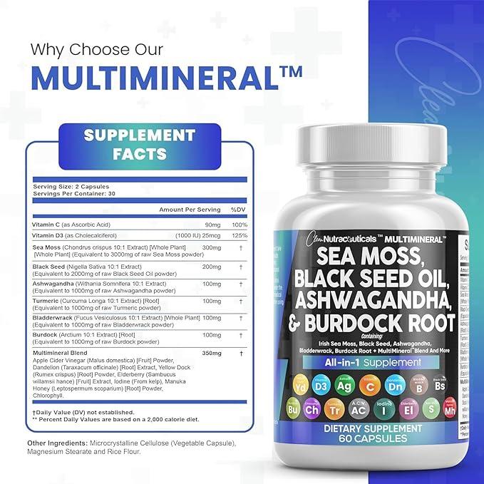 Sea Moss 3000mg Black Seed Oil 2000mg Ashwagandha 1000mg Turmeric 1000mg Bladderwrack 1000mg Burdock 1000mg & Vitamin C & D3 With Elderberry Manuka Dandelion Yellow Dock Iodine Chlorophyll ACV