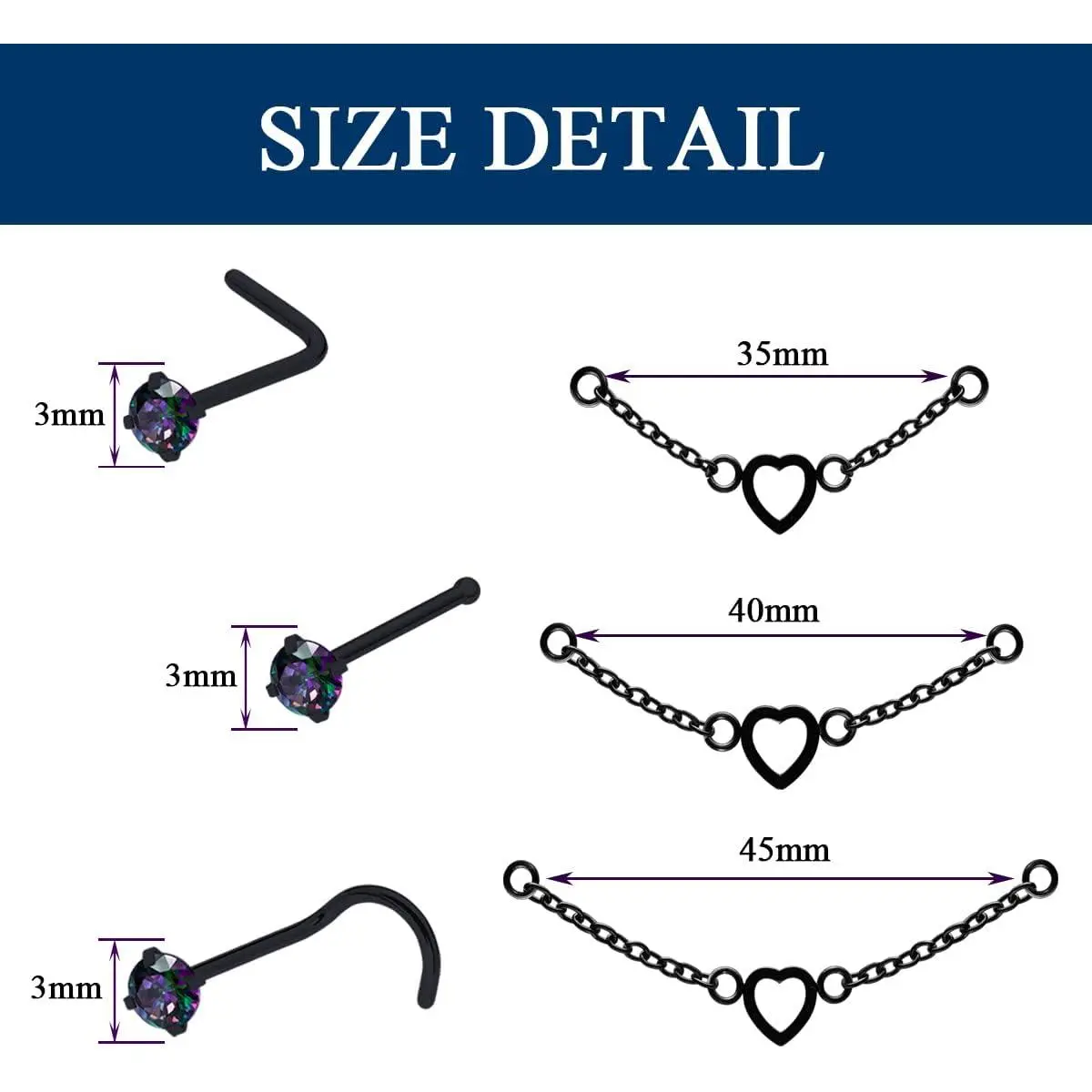 Nose Ring Chain Across Nose Black Stainless Steel Nostril Nose Piercing Chain with Cubic Zirconia Nose Screw Bone L-Shaped Ring for Women Body Piercing Nostril Jewelry with Bridge Chain