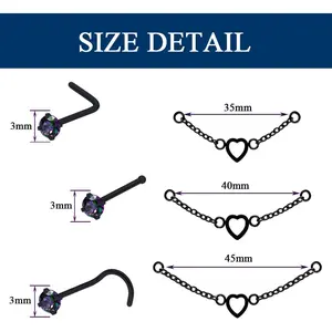 Nose Ring Chain Across Nose Black Stainless Steel Nostril Nose Piercing Chain with Cubic Zirconia Nose Screw Bone L-Shaped Ring for Women Body Piercing Nostril Jewelry with Bridge Chain