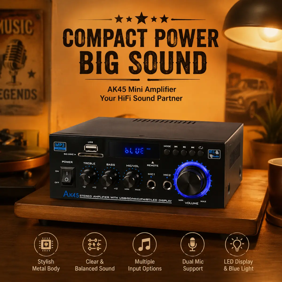 Karaoke Amplifier - 2.0 Channel Hi-Fi Amplifier with 2 Mic Inputs, Bluetooth 5.0 Stereo Receiver, USB/SD Card MP3 Player, FM Radio & Remote Control for Home Theater/Party Passive Speakers