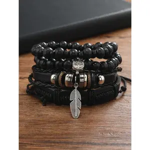 Set of 4 men’s dark leather beaded adjustable bracelets for daily wear, jewelry gifts, and parties