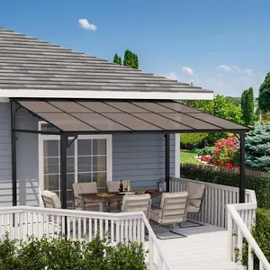10'x12' Wall Mounted Hardtop Gazebo, Sloped Polycarbonate Roof Heavy-Duty Aluminum Frame Awning, Weather Resistant Outdoor Shelter for Patio, Deck & Backyard, Dark Brown