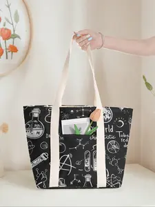 Large Capacity Tote Bag with Chemical Reagent Print, Zipper Closure Commuter Shoulder Backpack, Ideal for Gym Beach Work Travel