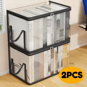 2 Transparent Plastic Storage Box Book Storage Box Home Used Book Sorting Artifact, Large Capacity Book Clothing Storage Box-space-saving Office and Home Sorting, Transparent Design for Easy Observation, Book Storage Box, Foldable Bookshelf Bag