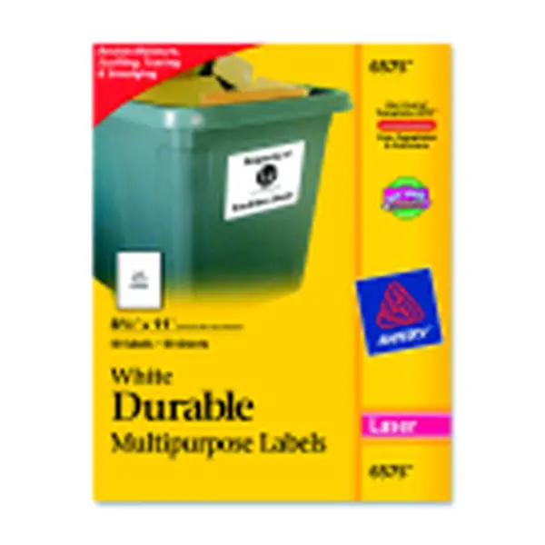Avery Durable Polyester Rectangular ID Labels - White, 8.35x11 in, 50 Per Pack, Laser Printer Compatible, Moisture-Resistant, Outdoor Conditions Resistant for High Traffic Areas Asset Tagging, Laser Printers, Resistant Towards Moisture