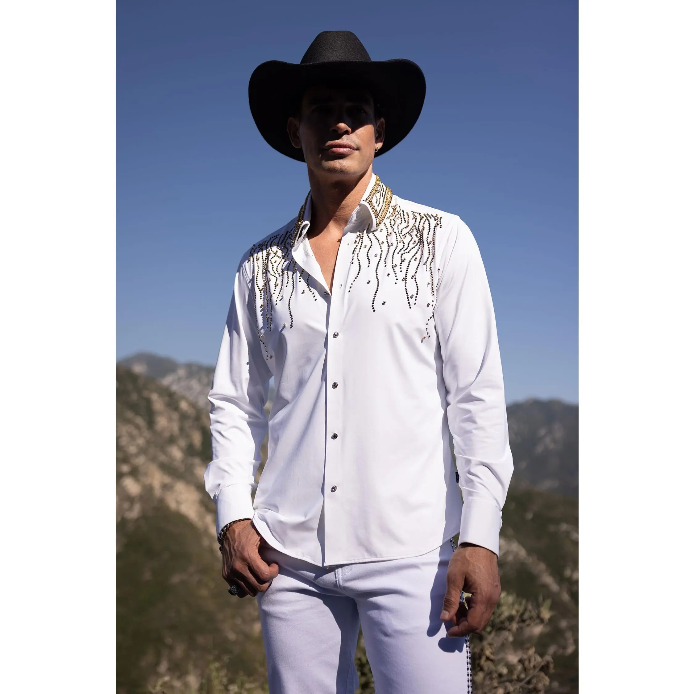 Ginza Rhinestone Long Sleeve Shirt Fabric Menswear Tops Geometric