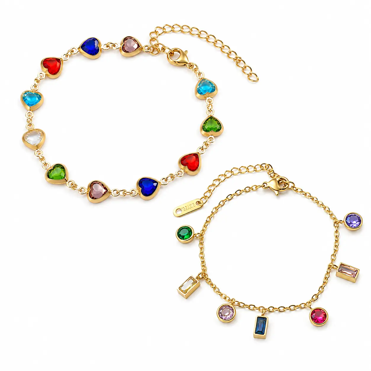 Halloween Fall Gift 2 Pack Gold Colorful Crystal Charm Bracelet Set – Heart & Geometric Gemstone Link Bracelets for Women, Adjustable Fashion Jewelry Gift