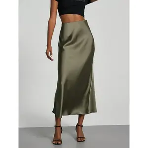 Women's High-Waist Satin Midi Skirt - Elegant Solid Black, Flared Design, Perfect for Dates & Work, All-Season Polyester Skirt, Office Wear Skirt |     Flared Skirt Style |     Quality Construction