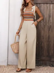 Vacation Ethnic Style Halter Sleeveless Adjustable Color Embroidered Patchwork Jumpsuit, Women's Casual Summer, Comfortable and Stylish One-Piece