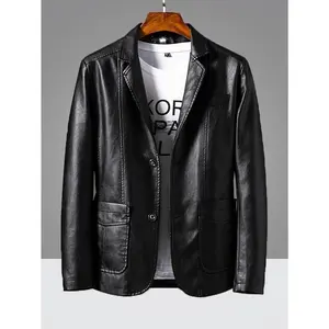 Sleek Lightweight Faux Leather Blazer - Men's Casual Jacket with Pockets, Button-Up, Machine Washable for All Seasons