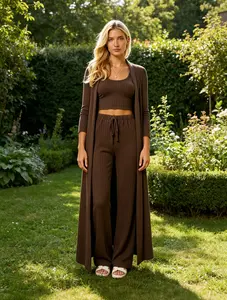 Women's Soft Ribbed Three-Piece Loungewear, Includes Long Sleeve Cardigan, Sleeveless Top & Relaxed Pants, Breathable Loungewear & Sleepwear
