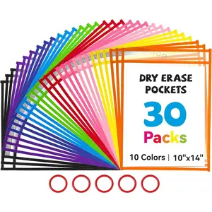 30 Pack Dry Erase Pockets with 5 Rings, 10 Assorted Colors 10x14   Plastic Sleeves, Clear Sheet Protectors, Teacher Supplies for Classroom Organization