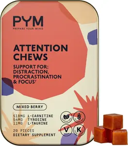 PYM Attention Chews - Mixed Berry Flavor, Caffeine-Free Chew with L-Carnitine, Tyrosine & L-Taurine for Focus & Productivity Support