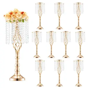 VEVOR 10PCS 55cm/21.65" Tall Crystal Wedding Flower Stand, Metal Wedding Centerpiece Vase, Gold Flower Holders Floral Display Rack for Tables Wedding Dinner Party, Ceremony Birthday Event Decor