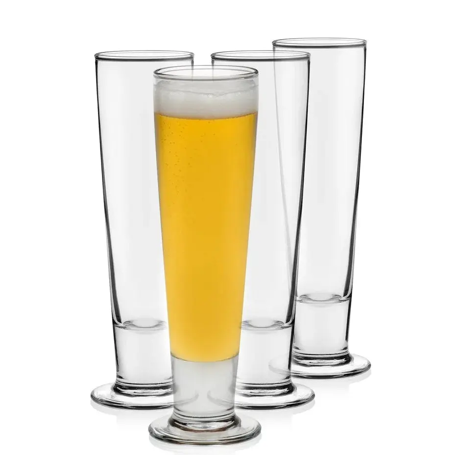Set of 4 Tall Pilsner Beer Glasses – 14.5 oz Clear European Pub Glassware with Weighted Base