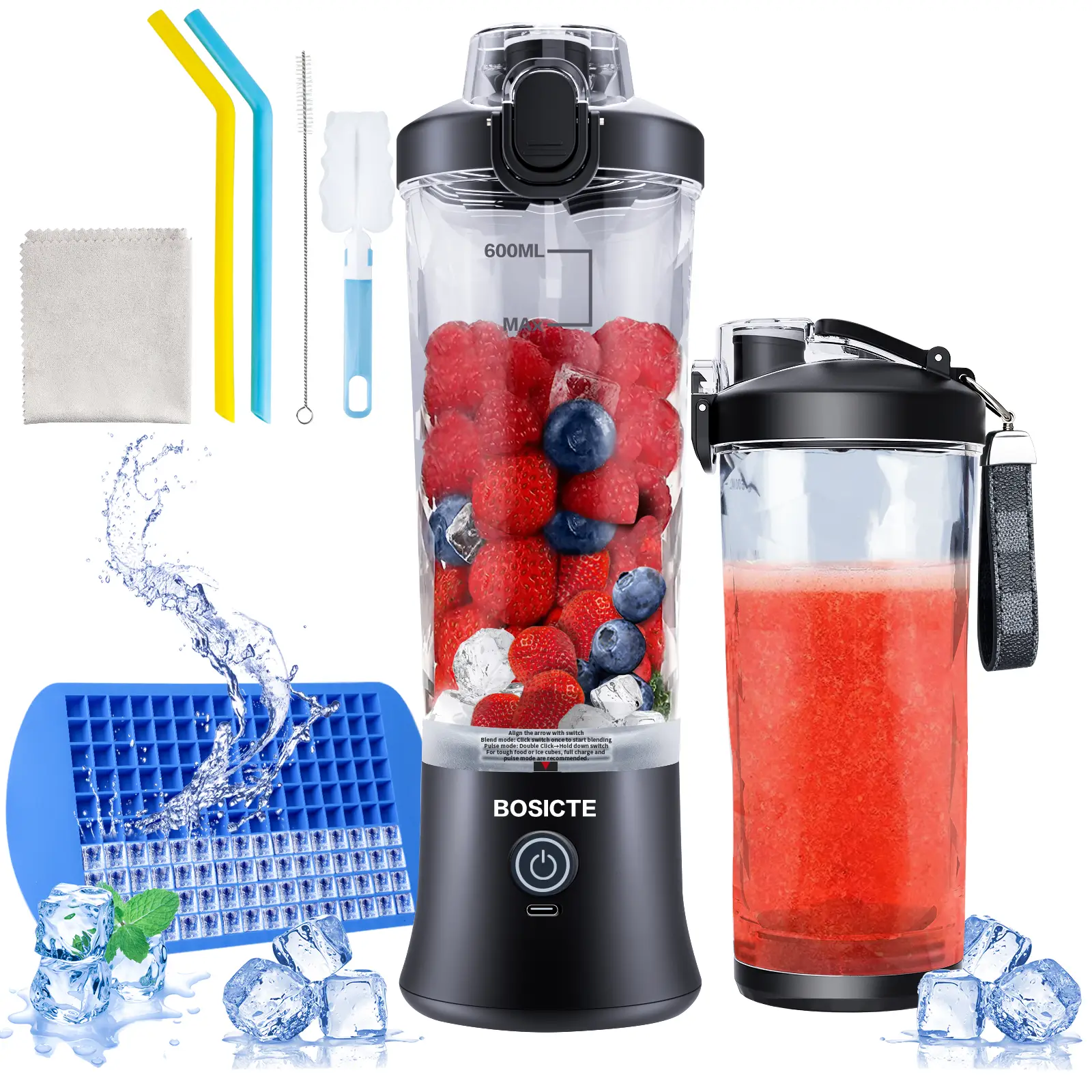 Portable Blender Personal Size for Shakes & Smoothies, 6 Blades, 20 Oz Cup with Travel Lid, USB Rechargeable for Office, Gym, Kitchen.