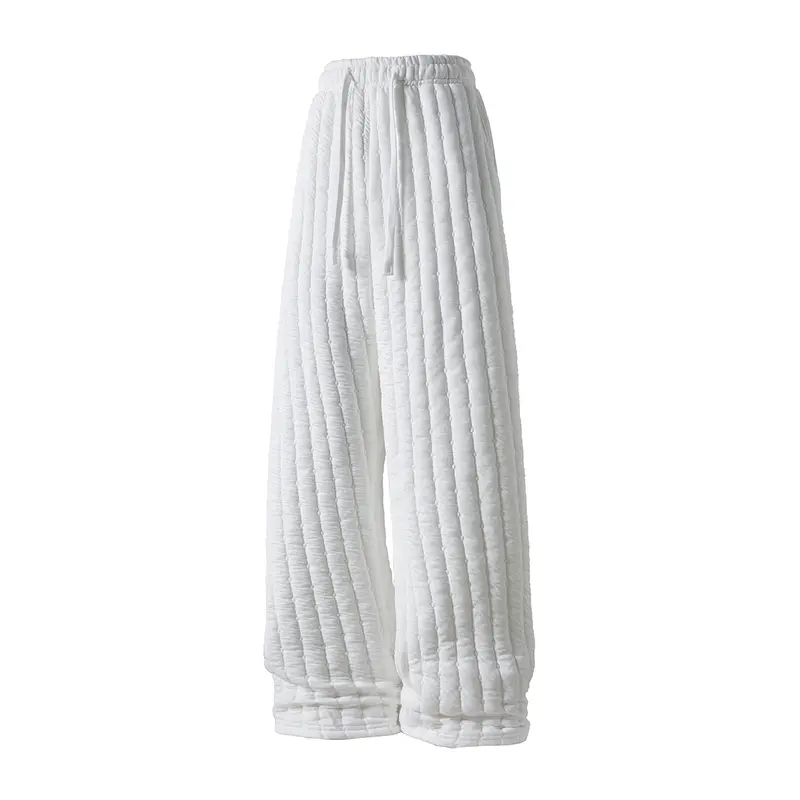 White Quilted Wide-Leg Drawstring Sweatpants – Loose Casual Pants with Unique Ribbed Design, Perfect for Everyday Wear and Versatile Styling