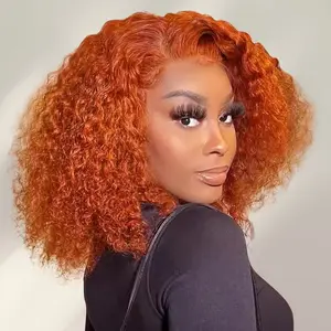 Ginger Orange Curly Bob Wig Human Hair , Short Water Wave Glueless Wigs for Black Women, 150% Density Copper Color Curly Bob Wig Pre Plucked