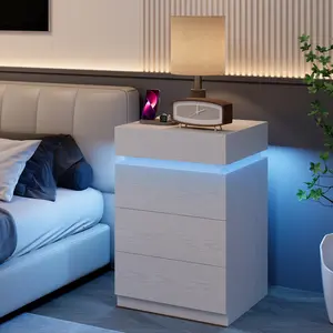 LIKIMIO Wood Nightstand with Charging Station & LED Light, Modern Bedside Table with Sliding Top & Drawers, Indoor End Table for Bedroom