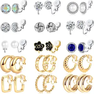 Women's 15-Pair Non-Pierced Clip-On Earrings Set - High Quality, Lightweight, Hypoallergenic Gold Silver Chunky Hoops, Earcuffs, Zircon Stud Earrings, Fashionable Jewelry Gift