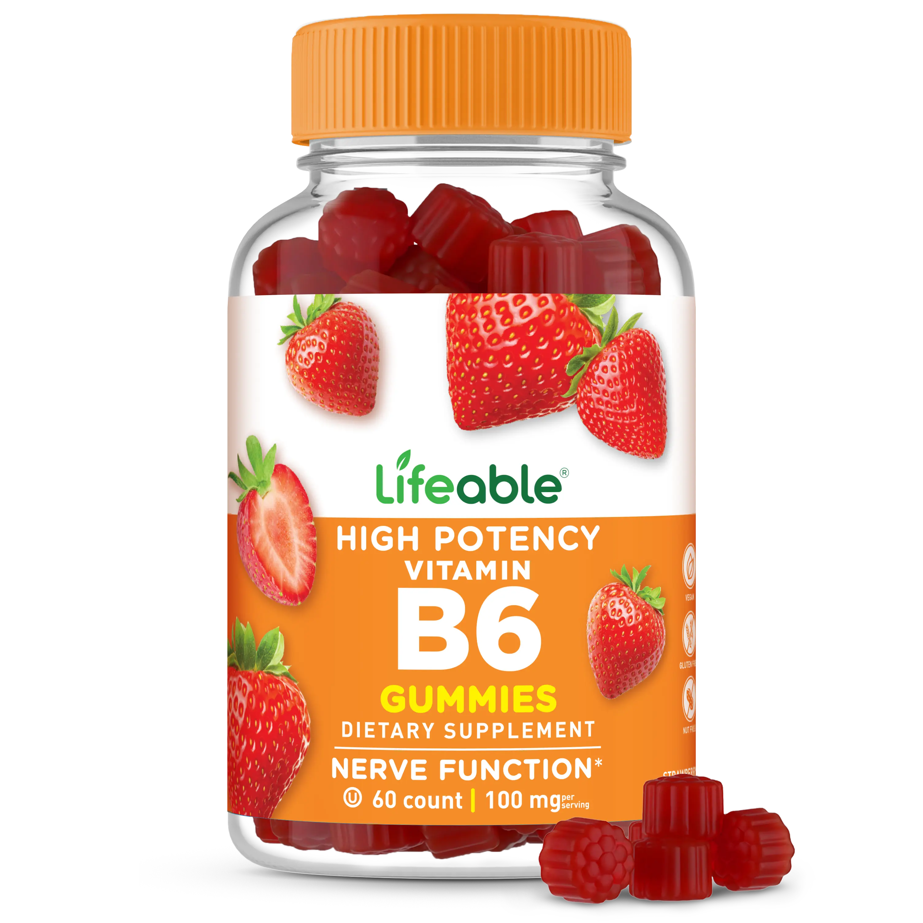 Vitamin B6 Gummies | 100mg | Great Tasting Vit B6 Supplement | Vegan B6 Vitamins for Nerve Support Supplement | Vitamin B 6 for Adults, Men, Women | 60 Gummies | Lifeable