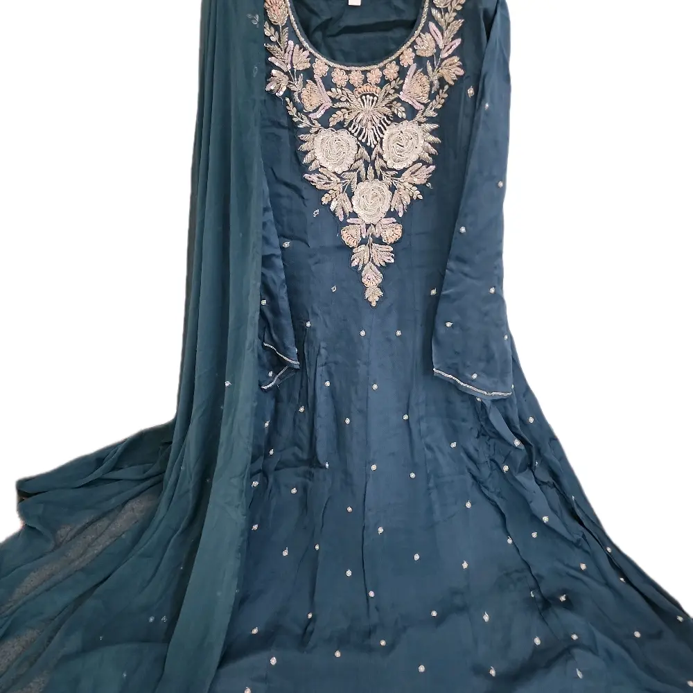 Powder Blue Anarkali With Beautiful Katdana Work On Neck!