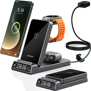 5-in-1 Wireless Charging Station for Apple/Samsung (with Digital Clock) — Foldable Fast Charger, 3-Level Brightness Adjustment, Includes Travel Pouch; Ideal for Desktops, Bedside Tables, and Travel (ELECDOV CE20S) #PortableCharger#Summervibes Smartphone C