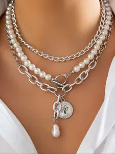 3-Piece Simulated Pearl Chain Necklace Set, Vintage Hip-Hop Queen Head Pendant, Fashionable Casual Jewelry for Women, Faux Pearl Jewelry, Trendy Jewelry, Punk Style Necklace