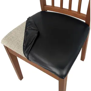 PU Seat Covers for Dining Chairs, 4 Pack 100% Waterproof Dining Room Chair Seat Covers Stretch and Wipeable Chair Cover Protectors (PU Black, 4 PCS)