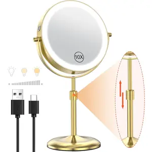 Lighted Makeup Mirror with 3 Color Lights & 10X Magnification, Adjustable Brightness & Height, 7 Inch 360? Swivel Rechargeable 10X LED Magnifying Vanity Mirror with Light,