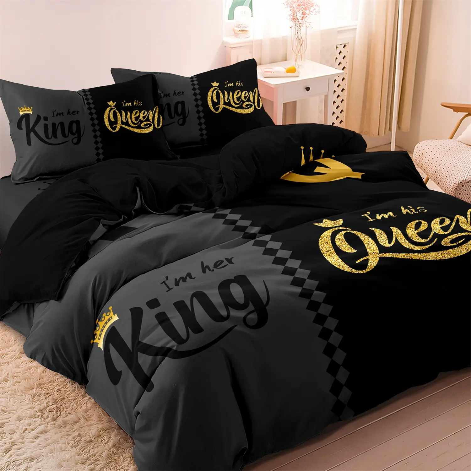 3 Pieces Romantic King & Queen Slogan Crown Design Printed Couple Duvet Cover Theme Bedding Set, Soft & Breathable Microfiber, Machine Washable - Includes 1*Duvet Cover & 2*Pillowcases (Comforter Not Included) Three Color