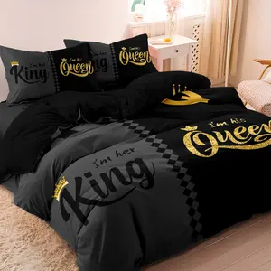 3 Pieces Romantic King Queen Couple Duvet Cover Set, King & Queen Bedding Set, Black Grey Gold Crown Bedding Cover with 1*Duvet Cover & 2 Pillowcases, Checkered Bedding Set (Comforter Not Included)
