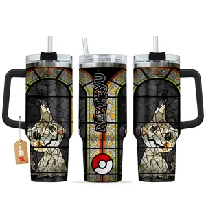 [PKM] Mimikyu 40oz Tumbler With Handle – Ghost Fairy Anime Stainless Steel Cup, Creepy Cute Insulated Travel Mug, Kawaii Aesthetic Drinkware, Gift for PKM Anime & Gaming Fans