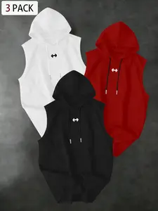 Men's 3-Piece Dumbbell Print Round Neck Sleeveless T-Shirt, Fashion Versatile Sports Style, Summer Fitness Outdoor Wear