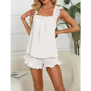 Pajamas Set 2 Piece Ruffle  Soft Tank Top and Shorts Sleepwear Set Bridal Pajama for Women Set