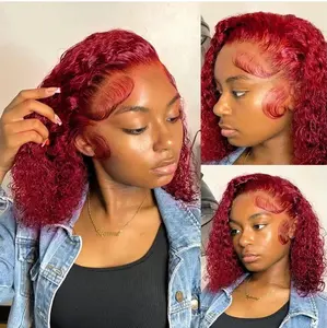 Curly Bob Wig Human Hair Curly p Wave 13x4 HD Lace Front Wigs For Black Women Human Hair Pre Plucked Wear And Go Glueless Short Wet And Wavy Wine Red 99J Burgundy Color 12 Inch