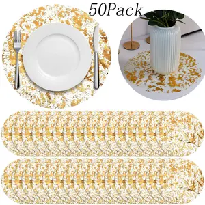 50 Pack Disposable Golden Placemats Set,Ultra-Thin Disposable Placement Mats,13 Inch Round Gold Foil Mesh Pressed Table Doilies,for Decoration Dining Wedding Birthday