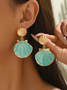 Elegant Shell Earrings for Women, Summer Beach Vacation Style Long Dangle Earrings, Water Blue Fashion Accessory, Trendy Jewelry