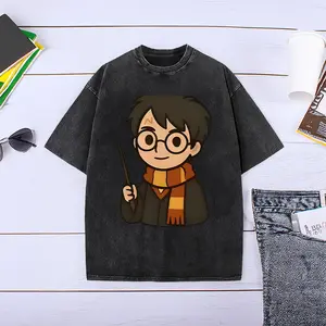Harry Potter Simple Chibi Avatar Washed T-shirt, Retro Oversized Tee, Ideal for Campus Wear, Daily Outings & Casual Hangouts