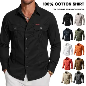 Men’s mid-length pure cotton work shirt, classic lapel collar + double chest pockets, available in suitable for commuting, casual wear, and versatile styling.