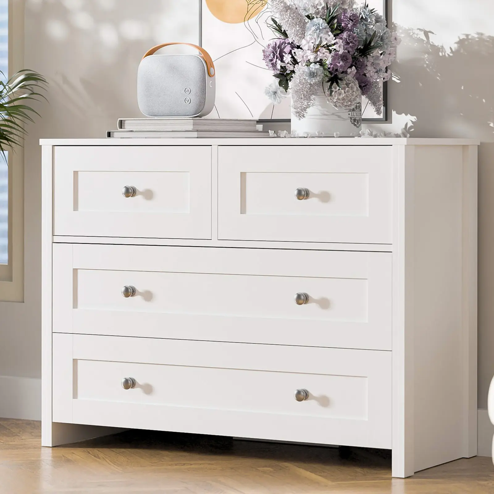 SunsGrove 40 inch Wide 4 Drawer Dresser, Modern White Wooden Chest for Home Organization, Storage Cabinet for Bedroom, Living Room, Home Office - TikTok Shop SunsGrove 40 inch Wide 4 Drawer Dresser, Modern White Wooden Chest for Home Organization, Storage Cabinet for Bedroom, Living Room, Home Office - TikTok Shop