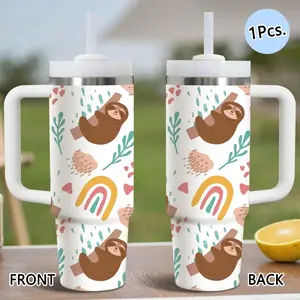 PIKPAKA Cute Sloth Pattern Vacuum Flasks 40oz Stainless Steel Tumbler with Handle & Straw, Vacuum Insulated Travel Mug Keeps Drinks Cold Up to 12 Hours, Leak-Resistant Cup for Iced Coffee, Water, Office, Gym or Travel